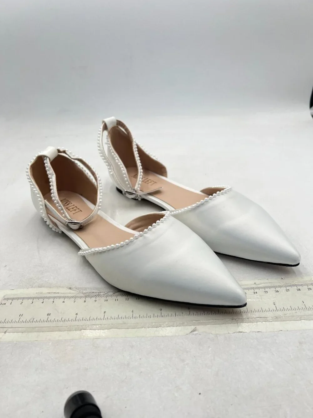 miss left Ivory Lovely Pearls Pointed Toe Flats Ankle Strap Comfortable Sandals